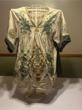 Embroidered Cream  babydoll Mini Dress with Green Accents